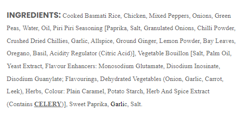 Halal Ready Meals - Piri Piri ingredients